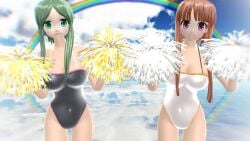 2023 2girls 3d belly_button black_swimsuit breasts brown_hair_female cheerleader cleavage clouds duo_female duo_focus green_eyes green_hair_female hati_yukkuri_mmd hidden_star_in_four_seasons human light-skinned_female long_hair_female looking_at_viewer mmd morning nishida_satono pink_eyes pom_poms rainbow sea sky swimsuit teireida_mai touhou water white_swimsuit