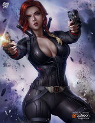 1girls avengers avengers:_endgame big_ass black_bodysuit black_widow_(marvel) bodysuit braid breasts clothed dual_wielding female female_only firearm gun handgun highres hourglass_figure human human_only large_breasts light-skinned_female light_skin logan_cure looking_at_viewer marvel marvel_cinematic_universe natasha_romanoff red_hair solo solo_female tight_clothing unzipped unzipped_bodysuit voluptuous weapon