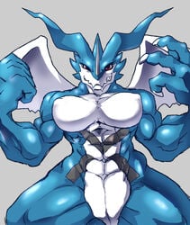 abs anthro barely_visible_genitalia barely_visible_pussy biceps blue_scales breasts claws digimon digimon_(species) exveemon featureless_breasts fist front_view grey_background grin hi_res horn ketsuneko looking_at_viewer male_only muscular muscular_female navel nipple_outline portrait pubic_mound pussy quads red_eyes scales simple_background smile solo three-quarter_portrait white_scales wings