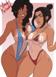 2girls avatar_legends avatar_the_last_airbender azula bikini borderreloaded crossover dark-skinned_female marvel marvel_comics rio_morales rio_morales_(spider-verse) swimsuit tanlines v_string_bikini