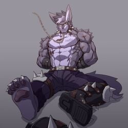 angry_face bondage boots bound chained_collar feet male muscular_male paws spiked_collar spiked_knee_pads wolf