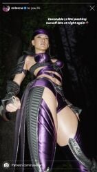 1girls 3d caption dominant_female female female_only flashlight instagram li_mei looking_at_viewer mortal_kombat mortal_kombat_1_(2023) nyxenartz phone_screen self_upload solo sweat sweating thighs