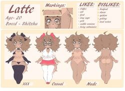 accessory anthro ass breasts canid canine canis clothed clothing collar domestic_dog eyewear female fur glasses hair hair_accessory hair_ribbon hairbow hi_res latte_(vonnir) legwear mammal model_sheet nipples nude pussy ribbons shih_tzu smile solo standing toy_dog video_games vonnir