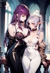 2girls a1exwell ai_generated camisole covered_nipples female fern_(sousou_no_frieren) frieren half-closed_eyes hugging lace off_shoulder sousou_no_frieren stable_diffusion yuri