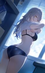 ai_generated ass back bare_back bare_belly bare_legs bare_thighs black_bra black_panties bra breasts closed_mouth grey_hair honkai:_star_rail indoors long_hair medium_breasts panties removing_shirt setsuaiart shirt sideboob stelle_(honkai:_star_rail) sweatdrop thighs underwear undressing yellow_eyes