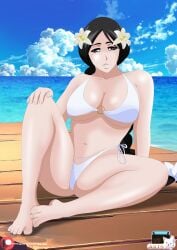 barefoot beach black_hair bleach breasts commission feet karlen_vardanyan legs milf patreon soles spread_legs swimsuit swimwear toes unohana_retsu