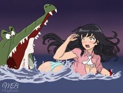 ascot black_hair blush breasts_visible_through_clothing captain_hook cleavage crocodile exposed_breasts exposed_panties fear female female_focus genderswap_(mtf) green_eyes long_hair magikbear panties peter_pan_(disney) pirate pirate_girl pre_vore rule_63 scared_expression short_sleeves stockings striped_panties swimming tick-tock tick_tock_crocodile torn_clothes torn_sleeves water