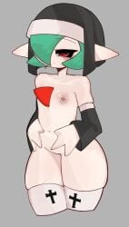 black_veil bob_cut cross cross_print detached_sleeves female flat_chest gardevoir green_hair grey_background hair_over_one_eye highres maretenho navel nipples nude nun pokemon pokemon_(creature) pokemon_(species) red_eyes simple_background thighhighs veil white_thighhighs