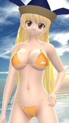 1girls 2023 3d bikini blonde_hair_female brown_eyes clouds deity god hat hati_yukkuri_mmd headwear hidden_star_in_four_seasons light-skinned_female long_hair_female looking_at_viewer mmd okina_matara outside sea sky smiling_at_viewer solo_female solo_focus swimsuit touhou water yellow_bikini