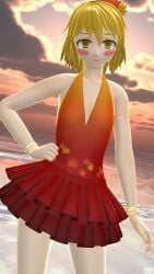 1girls 2023 3d 3d_(artwork) autumn_leaves blush bracelets clouds deity flat_chest frilled_skirt goddess hati_yukkuri_mmd headwear light-skinned_female looking_at_viewer mikumikudance mmd mountain_of_faith sea shizuha_aki short_hair_female sky solo_female solo_focus sunset swimsuit touhou water yellow_eyes yellow_hair_female