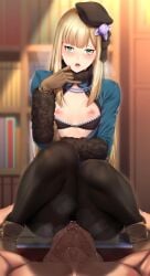 1boy beret black_hat black_pantyhose blonde_hair blue_dress blue_jacket blue_scarf blush bra breasts brown_gloves cropped_jacket cunnilingus dress fate_(series) female flower fur_collar gloves green_eyes grey_flower grey_rose hat highres jacket long_hair long_sleeves looking_at_viewer lord_el-melloi_ii_case_files nipples oral pantyhose reines_el-melloi_archisorte rose scarf sidelocks sitting sitting_on_person small_breasts straight thighs tilted_hat underwear zucchini