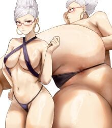 absurdres anus anus_peek areola_slip ass ayase_seiko beehive_hairdo bikini black_bikini booty breasts criss-cross_halter dandadan earrings female glasses grey_hair halterneck highleg highleg_bikini highres hoop_earrings jewelry large_breasts long_hair looking_at_viewer mature_female multiple_views navel nisakusa red_eyes semi-rimless_eyewear simple_background stomach swimsuit tall_hair thighs white_background