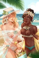 2girls alcohol areolae beach big_breasts bikini black_hair blonde_hair blue_eyes breasts bucket cleavage dark-skinned_female dark_skin day demi_bourbon drink earrings female hat headband ice identity_v jewelry katamak leaves light-skinned_female light_skin long_hair mole multicolored_hair navel nipple_piercing nipples ocean one_eye_closed outside patricia_dorval possumdaddi sand see-through see-through_clothing short_hair sky smile standing sun_hat water white_hair yellow_eyes