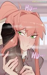 2d carambolatup dark-skinned_male dark_skin doki_doki_literature_club handjob huge_cock human human_only light-skinned_female light_skin looking_at_viewer monika_(doki_doki_literature_club) pov