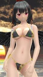 1girls 2023 3d belly_button bikini black_hair_female cleavage clouds hati_yukkuri_mmd light-skinned_female looking_at_viewer mmd mountain_of_faith outside red_eyes sea shameimaru_aya short_hair_female sky smiling_at_viewer solo_female solo_focus sunset swimsuit tengu tokin_hat touhou water wings