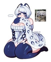 bare_shoulders biting biting_tail blush cat_ears cat_tail claire_(constellor) cleavage constellor large_breasts snow_leopard stockings sweater thick_thighs white_hair wide_hips