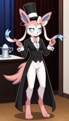 1girls 2024 3_fingers 5_fingers ai_generated anthro bedroom_eyes blue_eyes blushing bottomless bottomless_female digitigrade eeveelution female female_only generation_6_pokemon hi_res indoors innie_pussy looking_at_viewer magician nintendo pink_fur pokemon pokemon_(species) pussy smile sylveon white_fur