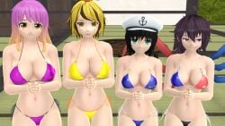 2023 3d_(artwork) 4girls alien_girl bikini blue_bikini blush breasts cleavage colored_hair ghost_girl green_eyes group group_focus hands_together hat hati_yukkuri_mmd hazel_eyes headwear hijiri_byakuren human indoors kneeling long_hair_female looking_at_viewer minamitsu_murasa mmd nue_houjuu pink_bikini pink_eyes praying_hands sailor_hat short_hair_female spirit swimsuit toramaru_shou touhou undefined_fantastic_object unusual_wings yellow_bikini yellow_eyes youkai