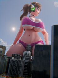 1girls 3d 3d_(artwork) asian asian_female big_breasts blizzard_entertainment breasts brown_hair brown_hair_female brunette_hair city clothed clothed_female d.va female female_focus female_only giantess hana_song jessicagts korean korean_female light-skinned_female light_skin overwatch overwatch_2 solo solo_female solo_focus