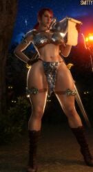 1girls 3d 3d_(artwork) armor armored_female athletic athletic_female big_breasts cosplay metal_gear_solid quiet_(metal_gear) red_hair red_sonja_(comics) red_sonja_(cosplay) smitty34 watermark