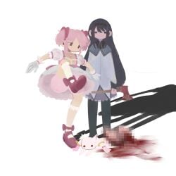 2girls absurdres akemi_homura axe brown_eyes censored dead_animal death dress gloves guro highres holding holding_axe imminent_kick kaname_madoka kyuubee leg_up long_hair looking_at_viewer magical_girl mahou_shoujo_madoka_magica mosaic_censoring multiple_girls no_mouth no_nose pink_dress pink_footwear pink_hair puffy_sleeves shadow twintails white_background white_gloves yoruseh