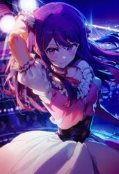 1girls ai_generated blush civitai dancing dress female hoshino_ai idol oshi_no_ko purple_eyes purple_hair smile stage stage_lights tagme