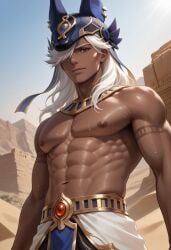 1boy abs ai_generated civitai cyno_(genshin_impact) dark-skinned_male dark_skin desert dvxxxgrai egyptian_clothes genshin_impact long_hair low-angle_view male_only navel nipples pecs pony_diffusion_xl solo solo_male sweat tagme white_hair