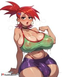 ai_generated big_balls big_breasts big_penis bimbo_lips ear_piercing foster's_home_for_imaginary_friends frankie_foster futa_only futanari hoop_earrings pierced_ears piercing red_hair rocksolidart seductive see-through_clothing sweat thick_thighs tight_clothing