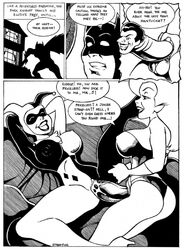 2girls batman batman:_the_animated_series batman_(series) big_breasts black_and_white bodysuit comic dc_comics dcau dialogue female frank_strom harley_quinn harley_quinn_(classic) male monochrome penetration poison_ivy poison_ivy_(dcau) speech_bubble strap-on the_joker yuri