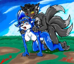 2006 anthro barefoot bindi black_nose blue_fur blue_hair blush breasts claws closed_eyes color cum day doggy_style female fox fur furry furry_breasts furry_ears furry_tail grey_fur hair jewelry krystal licking male multi_tail nipples nude open_mouth outdoors pointy_ears sex short_hair star_fox straight tail tails tongue white_fur wink yellow_eyes yellow_sclera