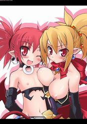 2girls ascot asymmetrical_docking big_breasts blonde_hair choker demon_tail demon_wings disgaea disgaea_1 disgaea_2 dress dress_pull earrings elbow_gloves etna fangs female female_only flat_chest hand_behind_back navel nippon_ichi_software pointy_ears red_eyes red_hair rozalin skull_earrings tail_ribbon tank_top tied_hair twintails wink