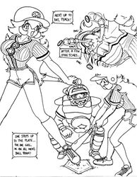 baseball_bat bursting_breasts button_gap button_pop clothes empty_(artist) female human male mario_(series) monochrome nintendo princess_peach standing straight_hair tagme wardrobe_malfunction