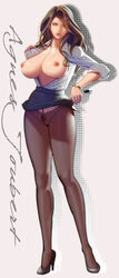 1girls agnes_joubert breasts breasts_out brown_hair censored female female_only full_body green_eyes high_heels large_breasts lips long_hair looking_at_viewer nipples no_panties open_clothes open_shirt pantyhose pubic_hair skirt skirt_lift solo standing star tiger_and_bunny wakino_keibun watch wristwatch