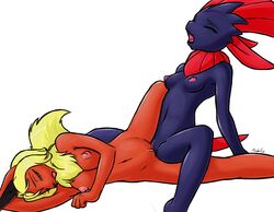 anthro breasts closed_eyes color eeveelution female female_only flareon fur furball furry multiple_females nipples nude pokemon pokemon_(species) pussy tagme tribadism vulva weavile yuri