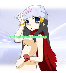 bad_censor beanie breasts censored color covered_nipples covering dawn_(pokemon) female female_only hat human nude pokemon poketch side_view solo tagme