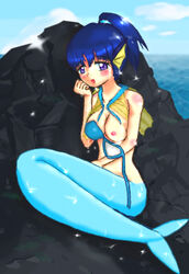 1girls blue_tail blush breasts clothes color day eeveelution female female_only gijinka humanized jpg lowres merfolk mermaid nintendo outdoors pok&eacute;mon_(species) pokemon pokemon_(species) pokemon_rgby solo tagme vaporeon