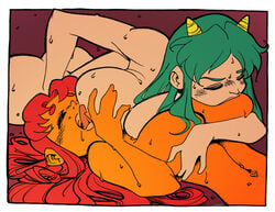 2girls alien_girl breast_sucking breasts crossover dc_comics duo eastern_and_western_character female green_hair horns humanoid large_breasts light-skinned_female light_skin long_hair lum multiple_girls mutual_breast_sucking nude oni orange_skin pennicandies princess red_hair starfire straight_hair sweat tamaranean teen_titans urusei_yatsura yuri