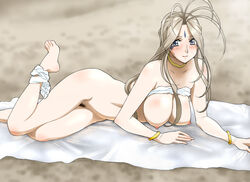 1girls barefoot belldandy big_breasts blue_eyes blush bracelet breasts brown_hair choker clothing erect_nipples facial_mark female female_pubic_hair forehead_mark goddess jewelry joy_division large_breasts long_hair lying nipples nude oh_my_goddess! pale-skinned_female pale_skin panties panties_around_leg panties_around_one_leg panties_down pubic_hair smiling solo thick_thighs underwear wide_hips