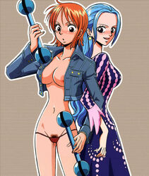 artist_request blue_hair blue_hair_female blush breasts clima-tact clothes clothing color female female_only human multiple_females multiple_girls nami_(one_piece) nefertari_vivi nipples one_piece orange_hair orange_hair_female panties pre-timeskip pubic_hair standing straight_hair underwear