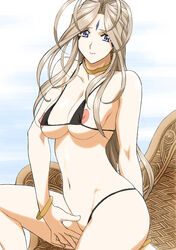 belldandy bikini blue_eyes bracelet breasts brown_hair earrings facial_mark female forehead_mark high_resolution jewelry joy_division large_breasts long_hair medium_breasts micro_bikini nipple_slip nipples oh_my_goddess! panty_pull shaved_pussy smile swimsuit