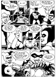 1boy 2006 2girls batman batman:_the_animated_series batman_(series) black_and_white breasts cloth_gag comic dc_comics dcau dialogue frank_strom harley_quinn harley_quinn_(classic) licking monochrome nipples poison_ivy poison_ivy_(dcau) speech_bubble strap-on tentacle tied_up vines