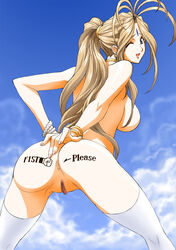 1girls anus ass belldandy big_breasts breasts censored female joy_division medium_breasts nude oh_my_goddess! pussy shaved smiling solo stockings thighhighs wink