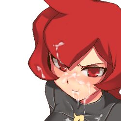 1girls angry blush bodysuit breasts close-up clothed cum facial female female_only half-closed_eyes human human_only looking_at_viewer lowres mars_(pokemon) nintendo pokemon pokemon_dppt red_eyes short_hair straight team_galactic white_background