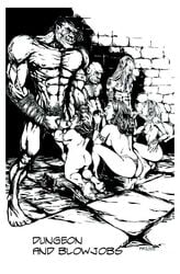 3boys 3girls abs artist_name ass breasts dungeons_and_dragons dwarf earrings elf elf_ears elf_female fellatio female halfling hand_on_penis male monochrome nipples oral orc orc_male pat penis pubic_hair thong