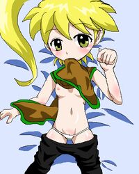 blonde_hair blush breasts clothes color female female_only hair human long_hair lying on_back pokemon pokemon_(manga) pokemon_adventures pokemon_rgby ponytail solo tied_hair yellow_(pokemon) yellow_hair