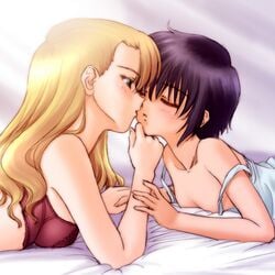 2girls blonde_hair bob_cut breasts closed_eyes kissing lingerie long_hair mireille_bouquet multiple_girls noir_(anime) purple_hair short_hair yuri yuumura_kirika