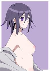 1girls breasts color danganronpa danganronpa_v3 female female_focus female_only leftover36 nipples ouma_kokichi pale_skin partially_clothed pink_nipples purple_background purple_eyes purple_hair rule_63 short_hair side_view sideboob solo solo_focus straight_hair