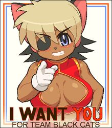 aliasing alicia_pris animal_ears anthro areola areolae areolae_slip big_breasts black_ears black_eyebrows black_hair blue_eyes blush_stickers border breasts brown_fur cat_ears cleavage clothing dirty_blonde_hair english_text enlistment_poster eye_patch eyebrows_visible_through_hair eyes_visible_through_hair fang feline fine_art_parody gloves gradient grin hand_on_hip hand_on_hips i_want_you little_tail_bronx looking_at_viewer lowres meme multicolored_hair oekaki parody pointing pointing_at_viewer propaganda public_domain red_vest shiny_fur smile tail_concerto tenseiani two_tone_hair white_gloves