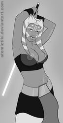 1girls ahsoka_tano atomictiki big_breasts black_and_white breasts cleavage clone_wars clothed clothing female female_focus female_only jedi jedi_padawan lightsaber looking_at_viewer monochrome nipples revealing_clothes simple_background solo star_wars the_clone_wars:_season_one togruta transparent_clothing