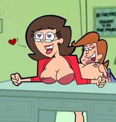 2girls ass big_breasts blue_eyes bottomless bra breasts brown_hair cleavage cunnilingus dr._phyllis_fancyfree duo duo_female female female/female female_only glasses heart heart_eyes lingerie multiple_girls nickelodeon nipple_slip open_shirt pizzalazerbot purple_eyes the_fairly_oddparents timmy's_mom tongue tongue_out yuri